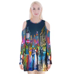 Abstract-vibrant-colour-cityscape Velvet Long Sleeve Shoulder Cutout Dress by Ket1n9