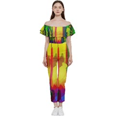 Abstract-vibrant-colour-botany Bardot Ruffle Jumpsuit by Ket1n9