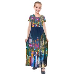 Abstract-vibrant-colour-cityscape Kids  Short Sleeve Maxi Dress by Ket1n9