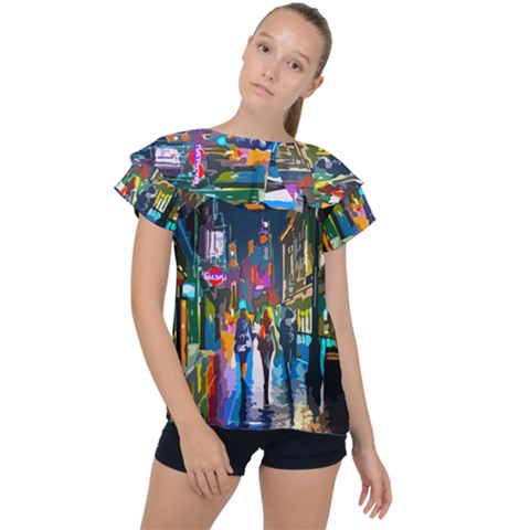 Abstract-vibrant-colour-cityscape Ruffle Collar Chiffon Blouse by Ket1n9