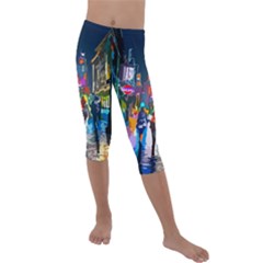 Abstract-vibrant-colour-cityscape Kids  Lightweight Velour Capri Leggings  by Ket1n9