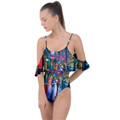 Abstract-vibrant-colour-cityscape Drape Piece Swimsuit by Ket1n9