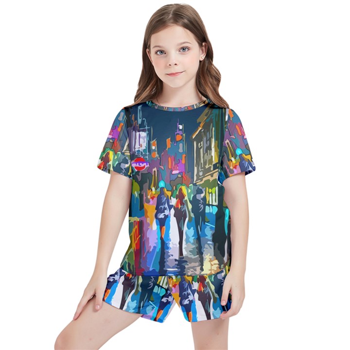 Abstract-vibrant-colour-cityscape Kids  T-Shirt And Sports Shorts Set