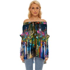 Abstract-vibrant-colour-cityscape Off Shoulder Chiffon Pocket Shirt by Ket1n9