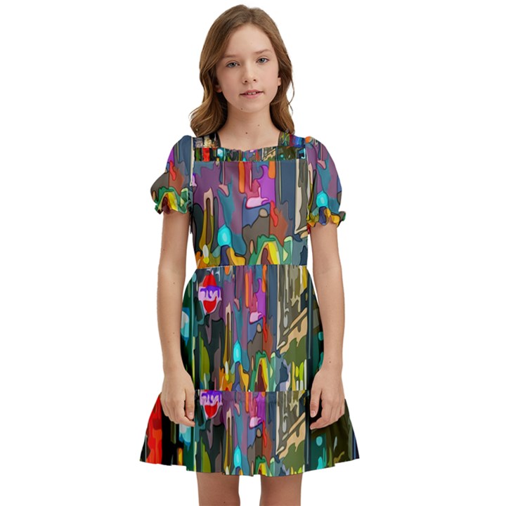 Abstract-vibrant-colour-cityscape Kids  Puff Sleeved Dress