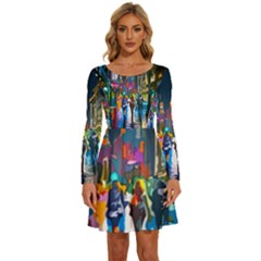 Abstract-vibrant-colour-cityscape Long Sleeve Wide Neck Velvet Dress by Ket1n9