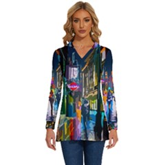 Abstract-vibrant-colour-cityscape Long Sleeve Drawstring Hooded Top by Ket1n9