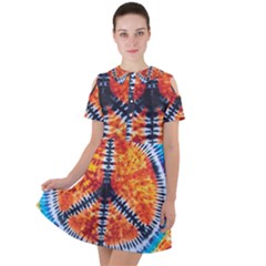 Tie Dye Peace Sign Short Sleeve Shoulder Cut Out Dress 