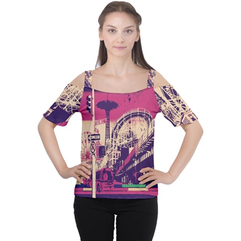 Pink City Retro Vintage Futurism Art Cutout Shoulder T-shirt by Ket1n9