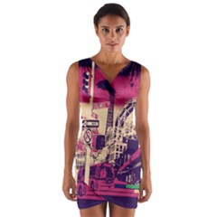 Pink City Retro Vintage Futurism Art Wrap Front Bodycon Dress by Ket1n9