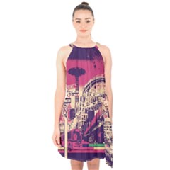 Pink City Retro Vintage Futurism Art Halter Collar Waist Tie Chiffon Dress by Ket1n9