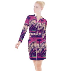 Pink City Retro Vintage Futurism Art Button Long Sleeve Dress by Ket1n9