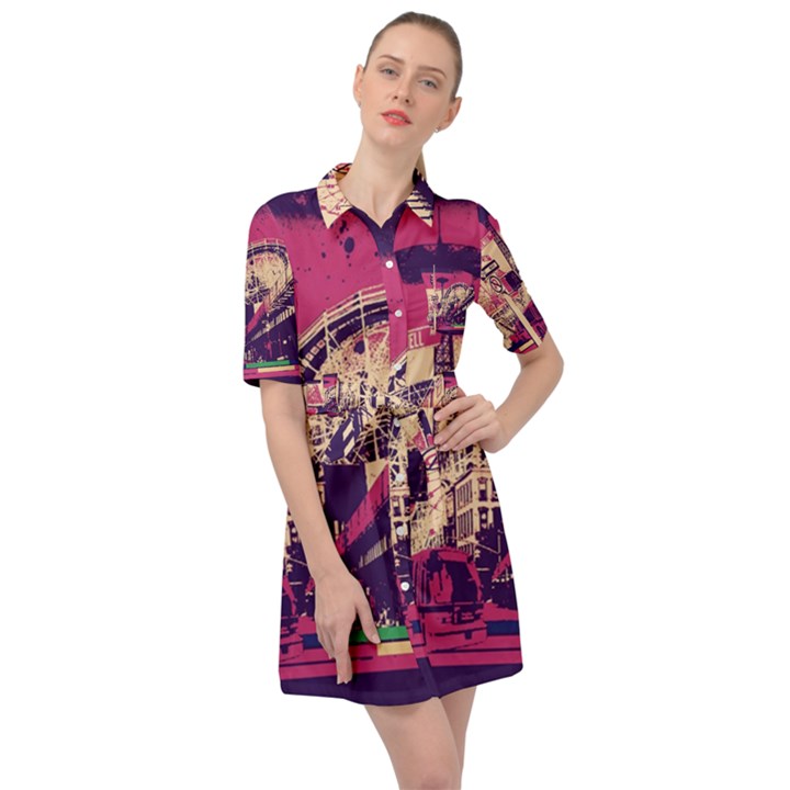 Pink City Retro Vintage Futurism Art Belted Shirt Dress