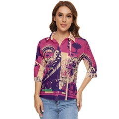 Pink City Retro Vintage Futurism Art Women s Quarter Sleeve Pocket Shirt