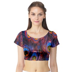 Pretty Peacock Feather Short Sleeve Crop Top by Ket1n9