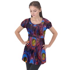 Pretty Peacock Feather Puff Sleeve Tunic Top by Ket1n9