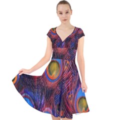 Pretty Peacock Feather Cap Sleeve Front Wrap Midi Dress by Ket1n9