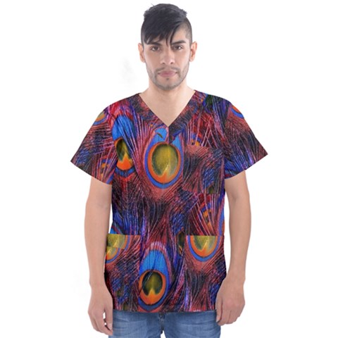 Pretty Peacock Feather Men s V-neck Scrub Top by Ket1n9