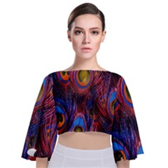 Pretty Peacock Feather Tie Back Butterfly Sleeve Chiffon Top by Ket1n9