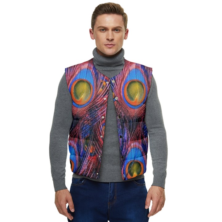 Pretty Peacock Feather Men s Button Up Puffer Vest	