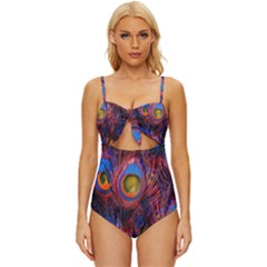 Pretty Peacock Feather Knot Front One-piece Swimsuit by Ket1n9