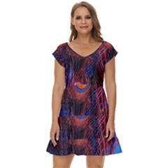 Pretty Peacock Feather Short Sleeve Tiered Mini Dress by Ket1n9