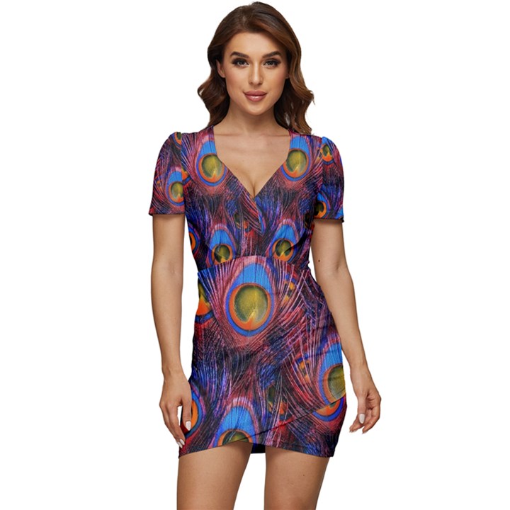 Pretty Peacock Feather Low Cut Cap Sleeve Mini Dress