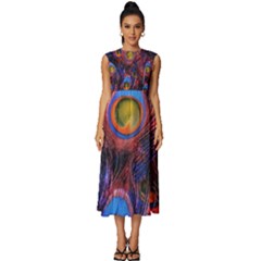 Pretty Peacock Feather Sleeveless Round Neck Midi Dress by Ket1n9