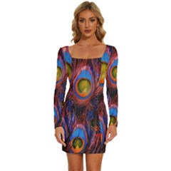 Pretty Peacock Feather Long Sleeve Square Neck Bodycon Velvet Dress by Ket1n9