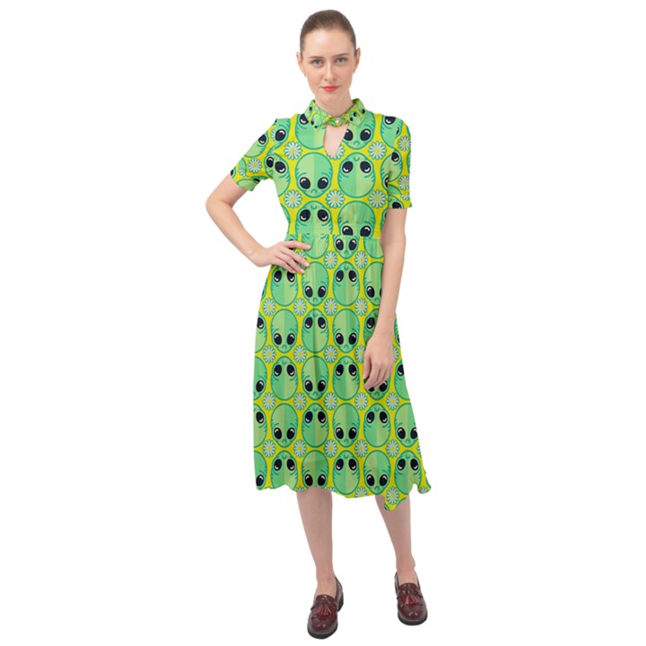 Alien Pattern- Keyhole Neckline Chiffon Dress