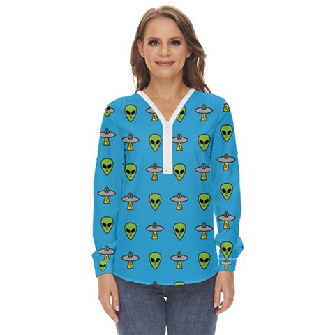 Alien Pattern Zip Up Long Sleeve Blouse by Ket1n9