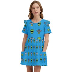 Alien Pattern Kids  Frilly Sleeves Pocket Dress by Ket1n9