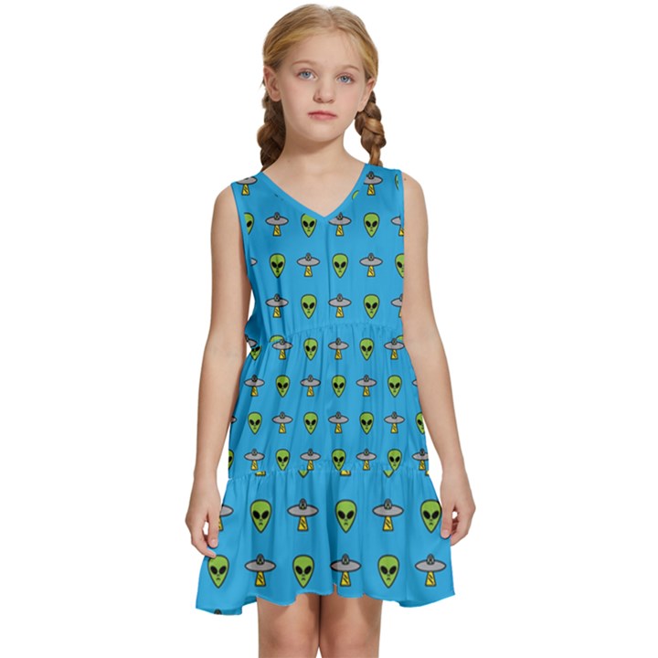 Alien Pattern Kids  Sleeveless Tiered Mini Dress