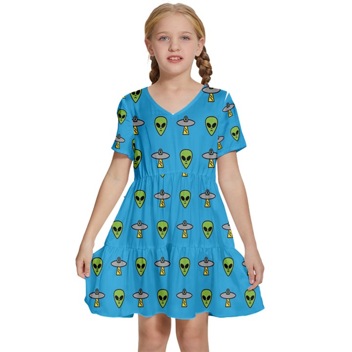 Alien Pattern Kids  Short Sleeve Tiered Mini Dress