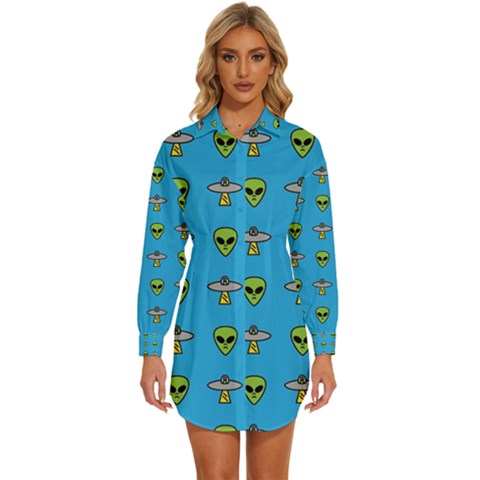 Alien Pattern Womens Long Sleeve Shirt Dress by Ket1n9