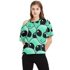 Art Alien Pattern One Shoulder Cut Out T-shirt by Ket1n9