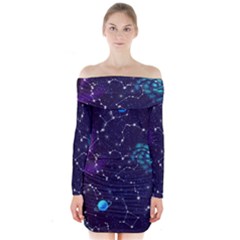 Realistic-night-sky-poster-with-constellations Long Sleeve Off Shoulder Dress by Ket1n9