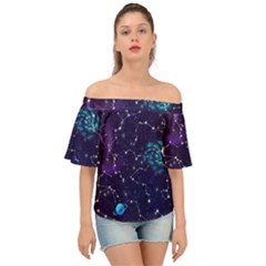 Realistic-night-sky-poster-with-constellations Off Shoulder Short Sleeve Top by Ket1n9