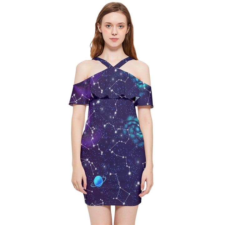 Realistic-night-sky-poster-with-constellations Shoulder Frill Bodycon Summer Dress