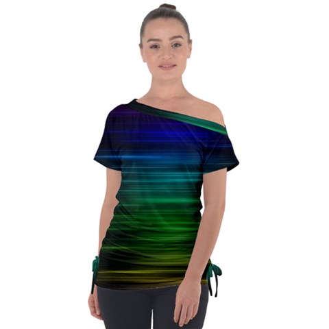 Blue And Green Lines Off Shoulder Tie-up T-shirt by Ket1n9