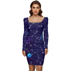 Realistic-night-sky-poster-with-constellations Women Long Sleeve Ruched Stretch Jersey Dress by Ket1n9