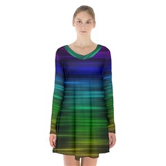 Blue And Green Lines Long Sleeve Velvet V-neck Dress by Ket1n9