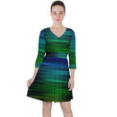 Blue And Green Lines Quarter Sleeve Ruffle Waist Dress by Ket1n9