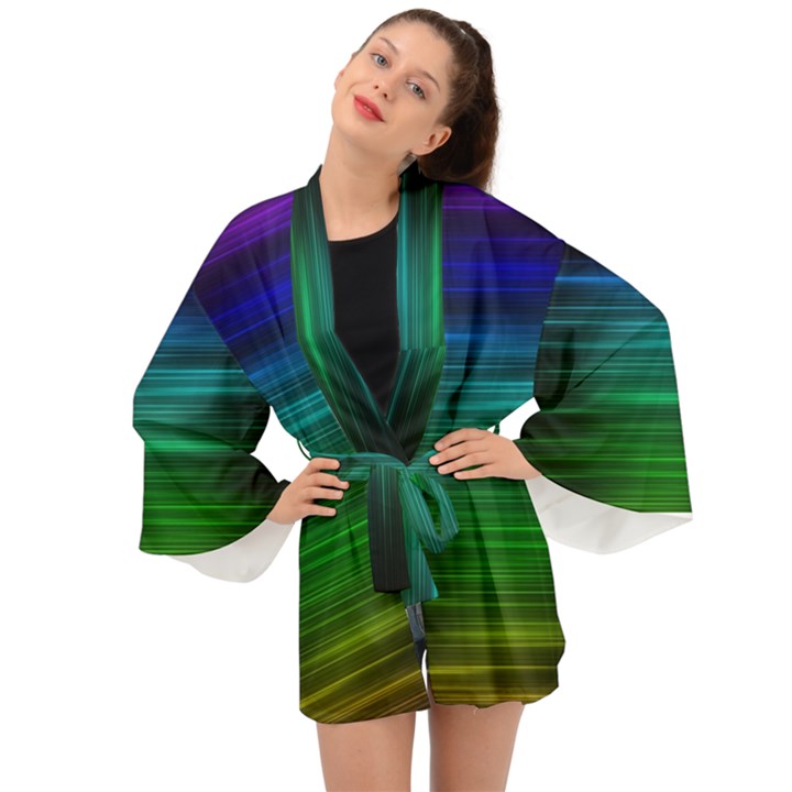 Blue And Green Lines Long Sleeve Kimono