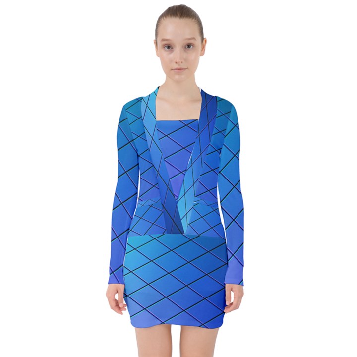 Blue Pattern Plain Cartoon V-neck Bodycon Long Sleeve Dress