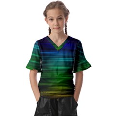 Blue And Green Lines Kids  V-neck Horn Sleeve Blouse by Ket1n9