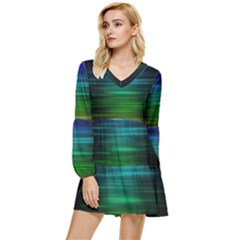 Blue And Green Lines Tiered Long Sleeve Mini Dress by Ket1n9