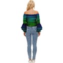 Blue And Green Lines Off Shoulder Flutter Bell Sleeve Top View4