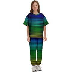 Blue And Green Lines Kids  T-shirt And Pants Sports Set by Ket1n9