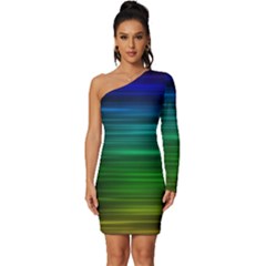 Blue And Green Lines Long Sleeve One Shoulder Mini Dress by Ket1n9